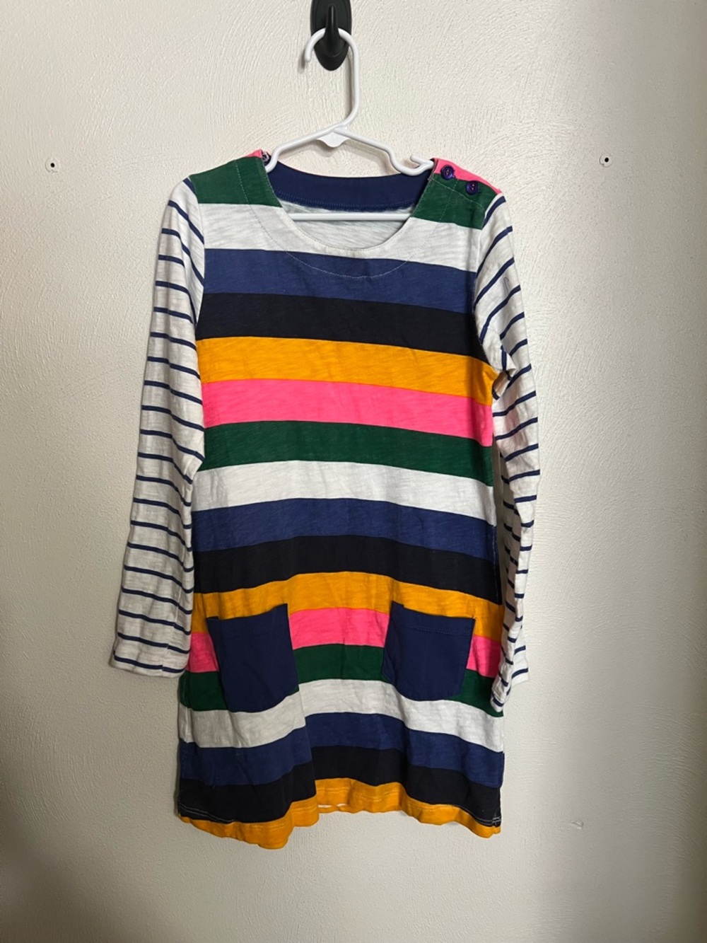 NO BRAND Classic Colorblock Stripes Long Sleeve Dress Pockets Rainbow Girls Sz 7